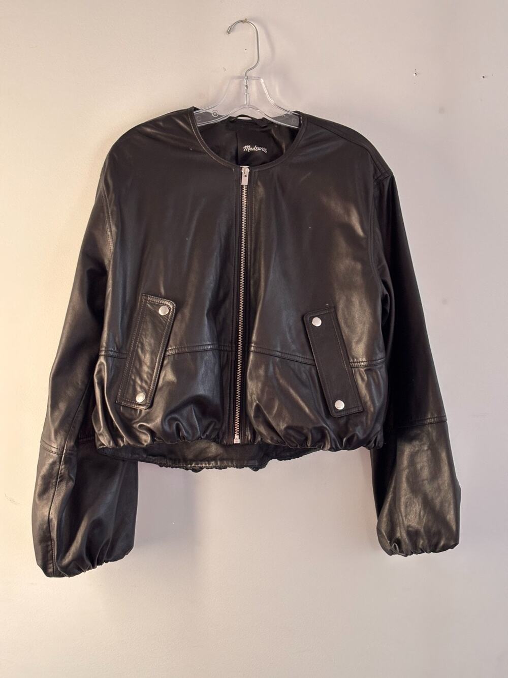 Madewell Washed Leather Crop Bomber Jacket Womens Medium Black Zip Front